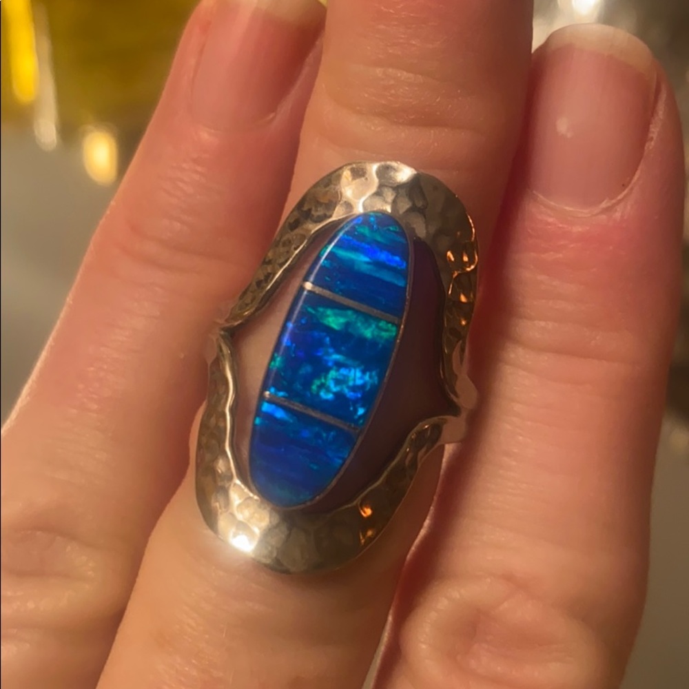 Aqua inlay size 7 fire opal hammered silver ring Taxco NWOT